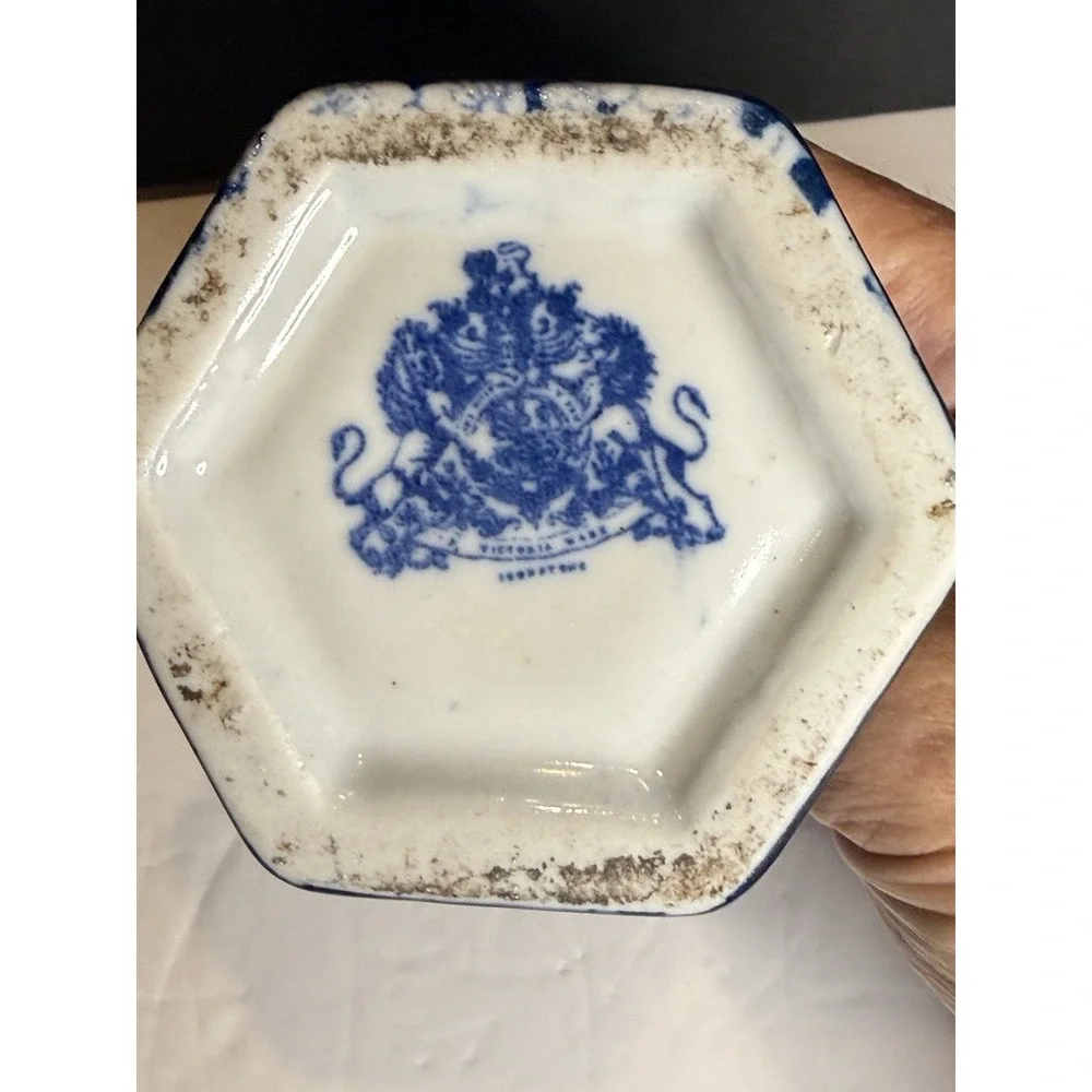 Victoria Ironstone Blue White Floral Flower Frog Vase Chinoiserie 5.5